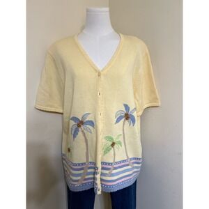 Alfred Dunner Vintage Yellow Palm Tree Beaded Cardigan Sweater Women XL Tropical